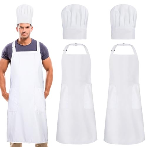 2 Pack Chef Apron and Hat, Adjustable High Cooking Apron Waterproof White