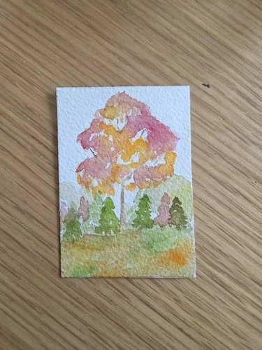 ACEO Original Small Watercolor Landscape Forest Trees Nature Fall Autumn