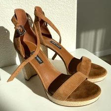 Nine West Women's Dempsey Platform Sandal Brown Leather Suede Block Heel Size 8