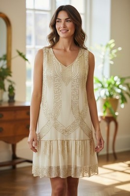 Frock and Frill Beaded Flapper Dress 20s Style Nude Golg Size 4 US Gatsby  Art | eBay