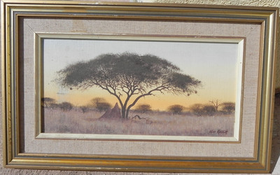 South African art painting savannah tree sunset by artist Wim Kosch