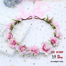 AKOAK 1 Pack Flower Crown, Bohemian Wreath for Girls Floral Tiara, Wedding Pink