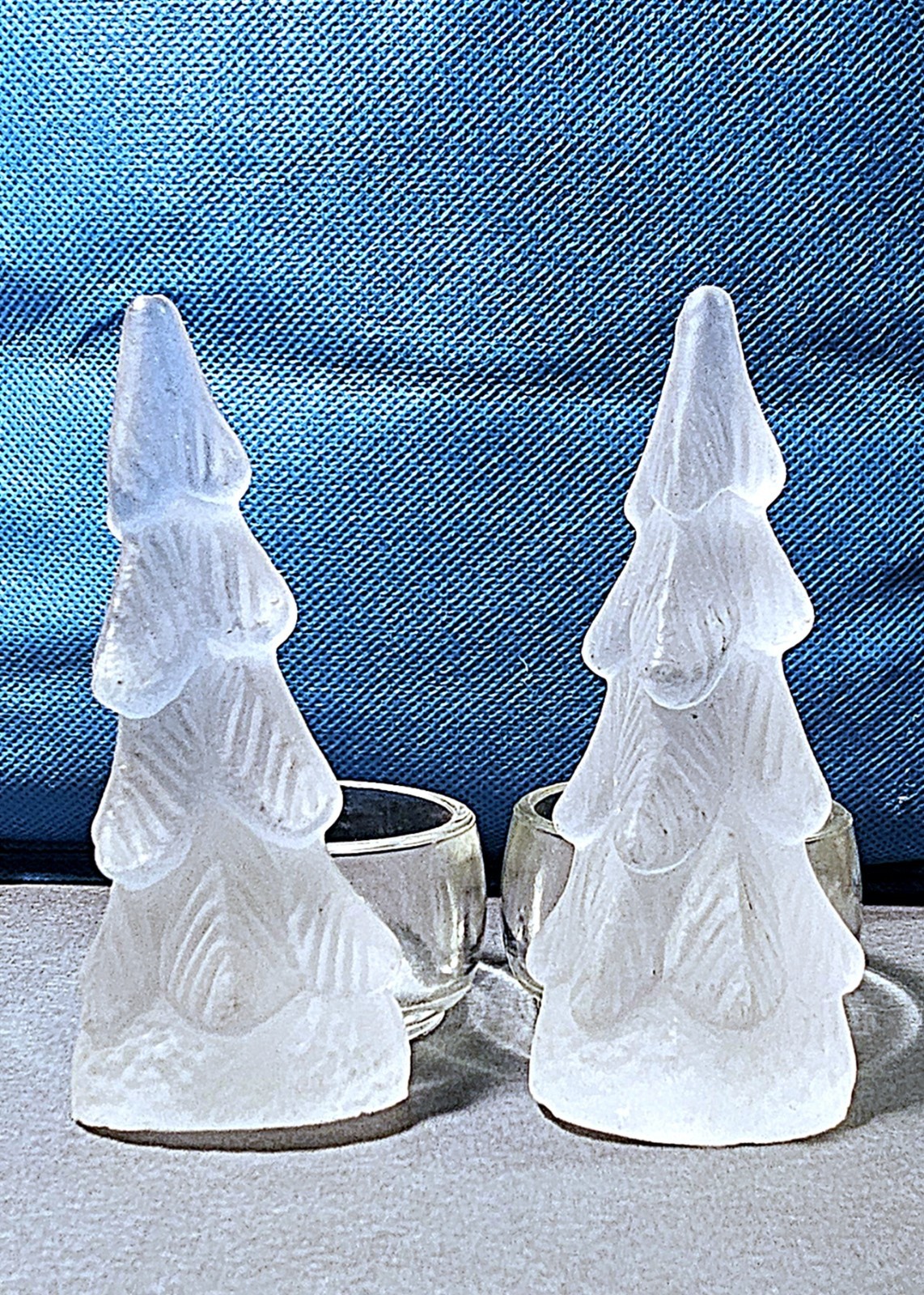 2 Vintage Yankee Candle Christmas Tree Tea Light Holder Frosted Art Glass 4"