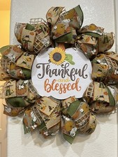 Farmhouse THANKFUL  BLESSED     BURLAP Deco Mesh WREATH Fall HARVEST 22" X 22"