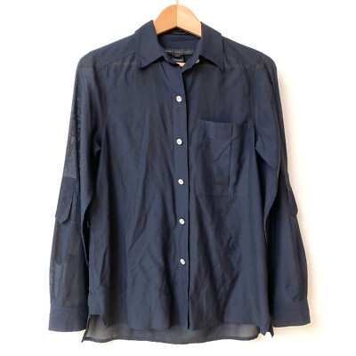 Marc Marc Jacobs Womens 0 Silk Cotton Roll Tab Sleeve Button Up Shirt Dark Navy