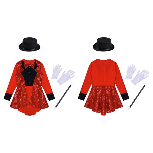 UK Kids Girls Sequins Ringmaster Magician Costume Dress Leotard Circus Outfits - Picture 11 of 50