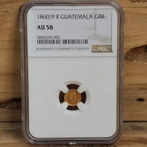 Only Known Unlisted 1860/9 R Guatemala Gold 4 Real Overdate NGC AU58 A979
