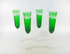 AJKA EMERALD GREEN CUT TO CLEAR CRYSTAL CHAMPAGNE FLUTES GLASS SET OF 4 ! (P213)
