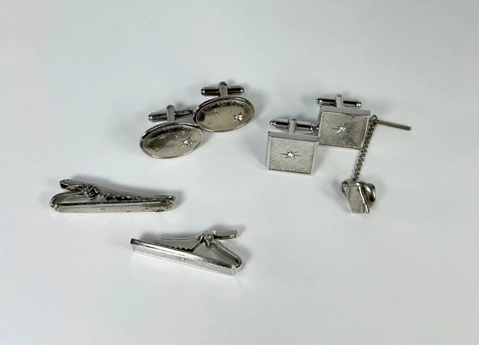 Paquete De Colección de Gemelos Tono Plata Clips de Corbata Pin Estrella Grabado Cristal Foto 4 de 4