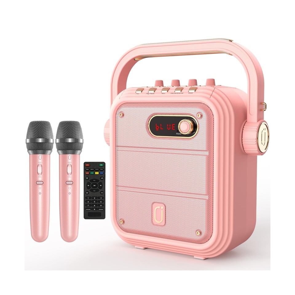 JYX Karaoke Machine with 3 Mics, Pink Karaoke Speaker with Treble/Bass