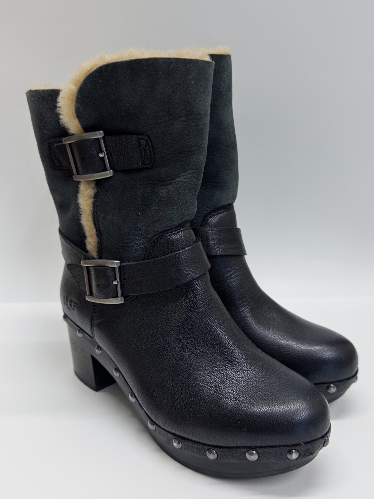 SAOLA Stivali al polpaccio Ugg Brea da donna taglia 6 foderati in pelliccia con borchie suola zoccoli pelle nera