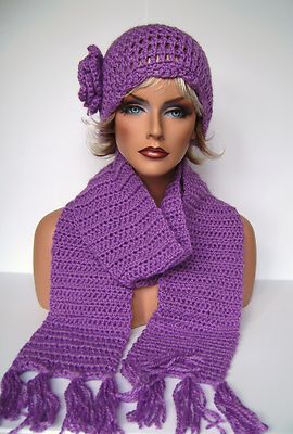 3 PIECE PLUM PURPLE HAND CROCHET EARFLAP & FLOWER HAT AND  display picture 2