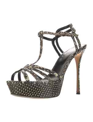 SERGIO ROSSI Black Snakeskin Animal Print T-Strap Sandals Size 7.5