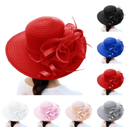 Women Elegant Organza Sun hat with Flower Church Hat Wedding Tea Party Wide Brim
