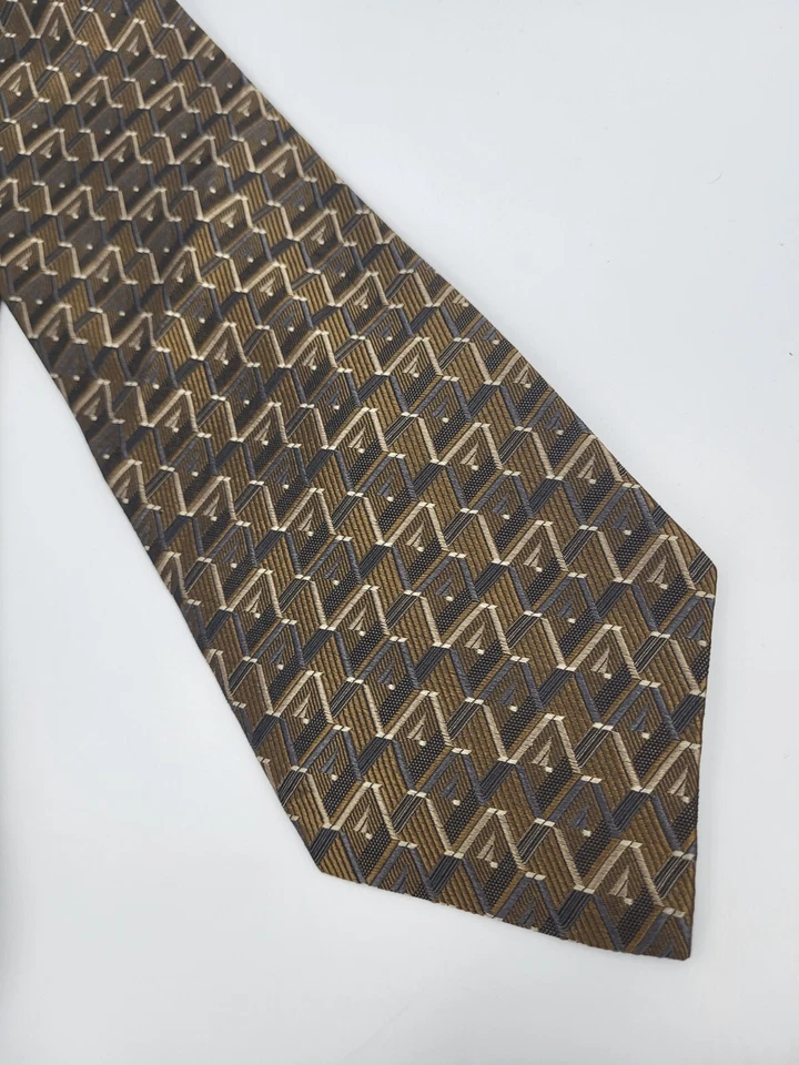Corbata de seda Donna Karan marrón plata azul geométrica para hombre 57,5 x 3,7/8 Foto 3 de 4