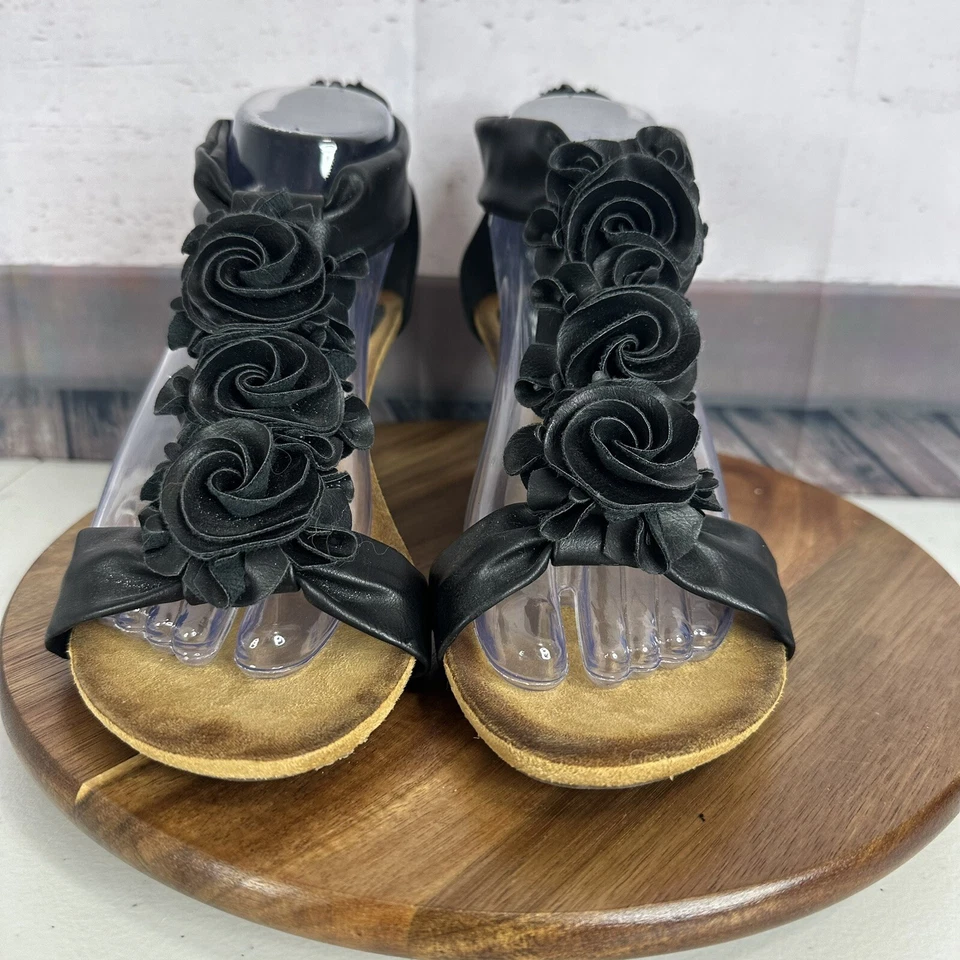 Spring Step Patriza Sandal Womens 8.5 Black Wedge Harlequin Floral T Strap - Image 2 of 4