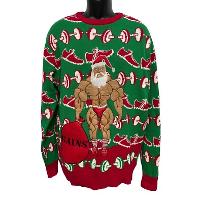 Ugly Christmas Sweater Body Builder Santa Claus GAINS Dumbells Size XL