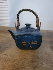 Japanese Blue Dragonfly Tombo Pottery Teapot With Lid