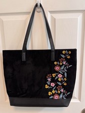 Bueno Black Faux Suede Tote Floral Embroidery Magnetic Snap Closure Double Strap