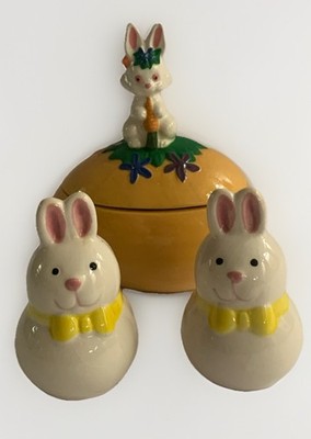 VTG Lot Of 3 Byron Molds Bunny Ceramic Egg Trinket Candy Salt Pepper Easter READ