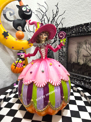 Whimsical Ghoulish Pink Halloween Witch Girl Pumpkin Candy Figurine 9.5''