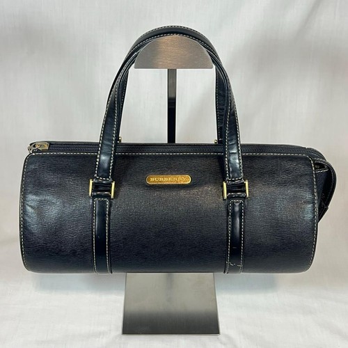 BURBERRY Nova Check Mini Boston Bag Handbag Saffiano Leather Black Auth Used JP
