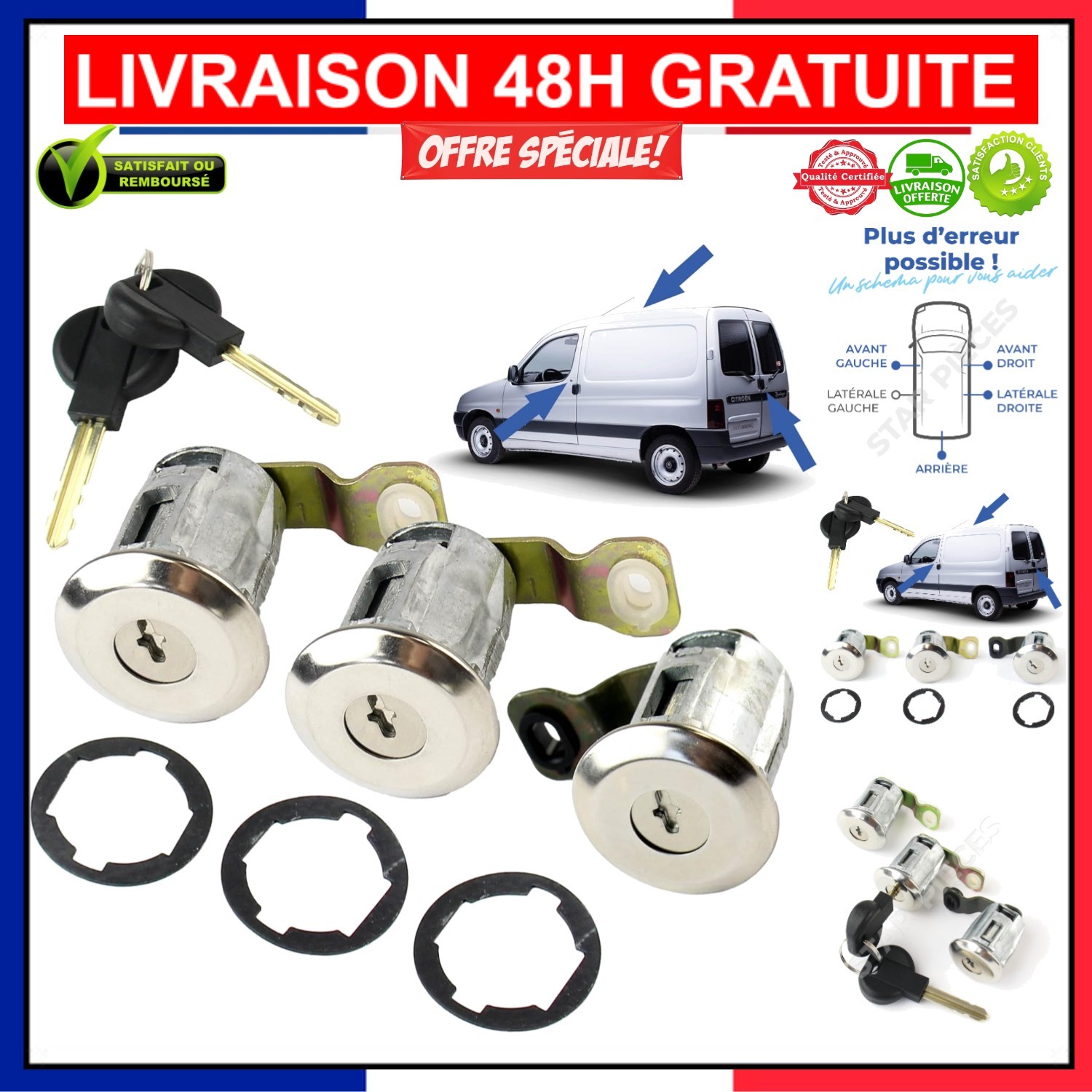 3 Barillets de Porte pour Berlingo 1 et Partner 1 de 1996 à 2008 avec 2 Clés
