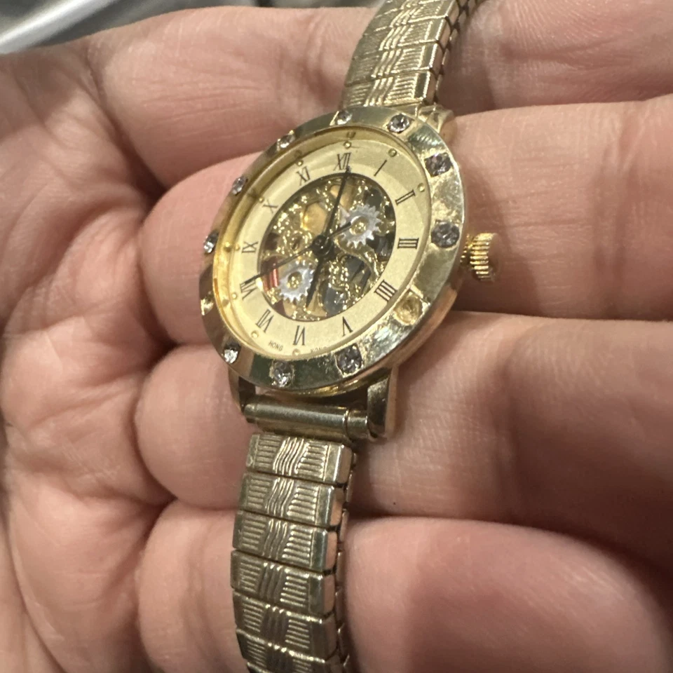 Reloj Pulsera Damas Cuarzo Acero Tono Dorado Esqueleto Funcionando 24mm Ajuste 7 pulgadas Foto 3 de 4