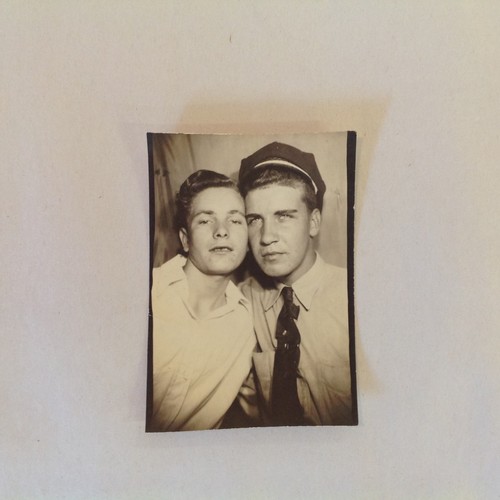 Vtg 1940's B&W Photo Young Men Cheek to Cheek Booth Chauffeur Cap Gay Interest