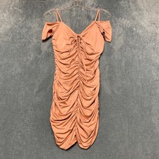 Sabora Ruched Mini Dress Womens M Peach Stretch V Neck Cold Shoulder Cocktail