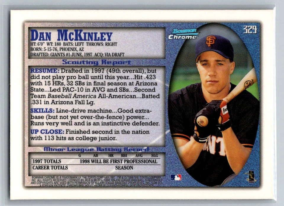 1998 Bowman Chrome #329 Dan McKinley - Image 2 of 2