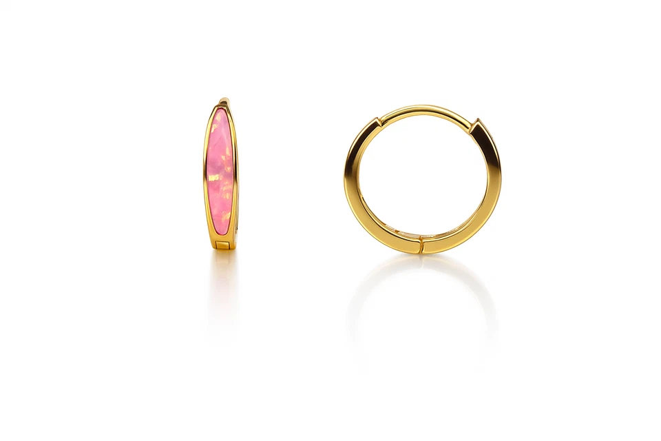 Pendientes de aro Huggie de ópalo rosa intenso de oro amarillo de 14k Foto 2 de 2