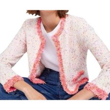 ZARA Tweed Cropped Jacket Women's S White Pink Frayed Trim Blogger Favorite