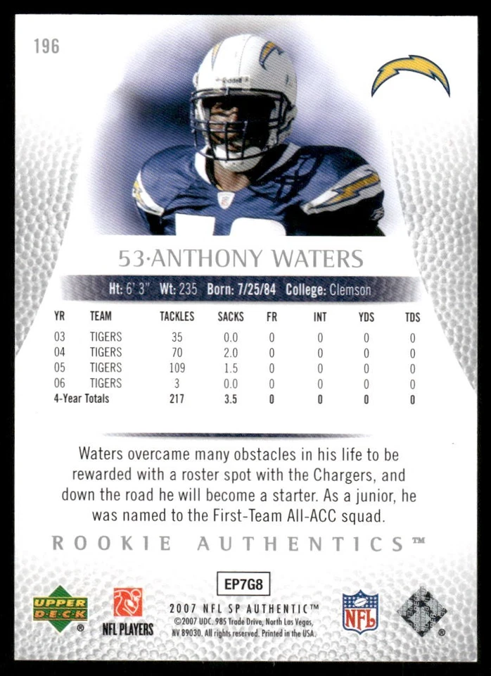 2007 SP Authentic #196 Anthony Waters RC /999 - FB - Image 2 of 2