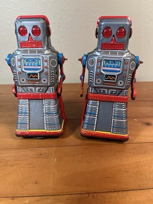 TWO - 1960s ATOM Robots Yoshiya KO Friction Powered Japanese Tin Toys - Good