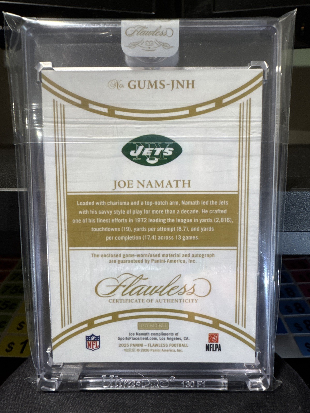 Joe Namath 2025 Flawless Game-Worn Dual Patch On Card Auto # 10/10 Jets view 2