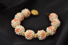 Coral and Freshwater Pearl Ball Bracelet.  Gold plated silver clasp