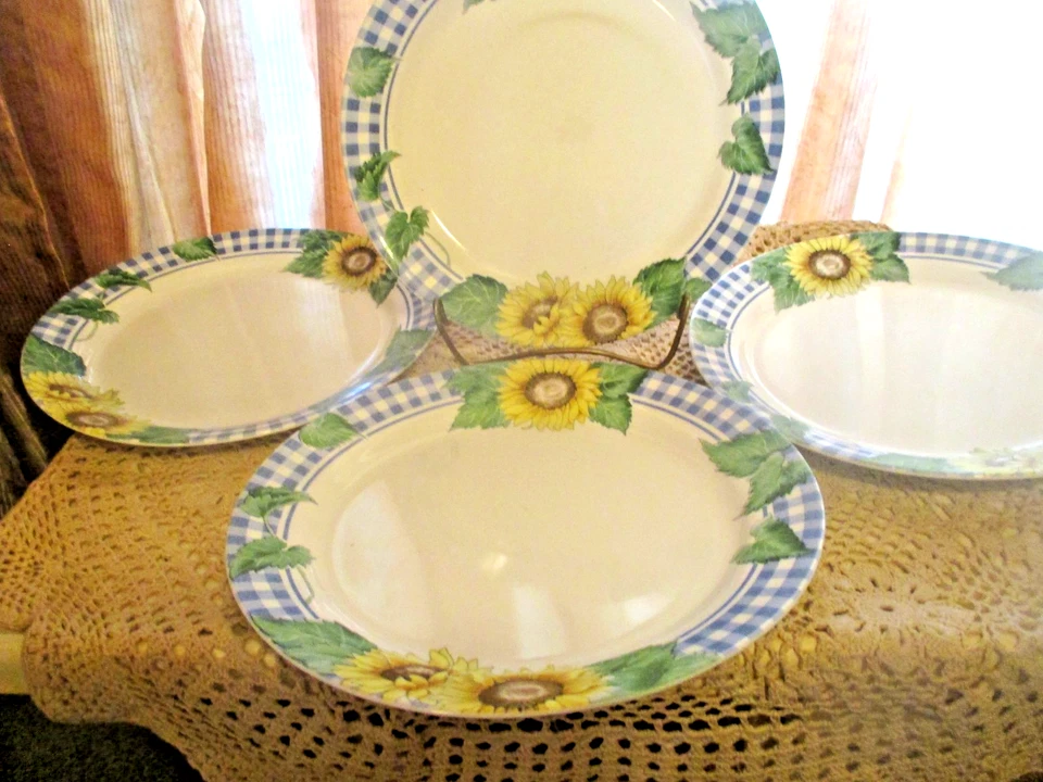 Corelle By Corning SUNSATIONS Blue Plaid Yellow Sunflowers Dinner Plates Set 4 - Image 4 of 4