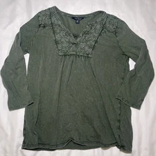 Lucky Brand Peasant Top Split Neck Popover Blouse Size M Green Boho Prairie