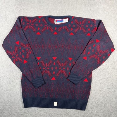 Vtg Sweater Graphix Adult XL Blue Red Pattern Knit Crewneck Pullover Acrylic