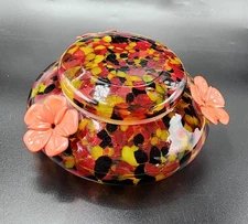 Multi Colored Glass Humming Bird Feeder With 3 Flowers