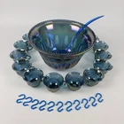 Vintage Indiana Blue Princess Iridescent Carnival Glass Punch Bowl Set 12 Cups