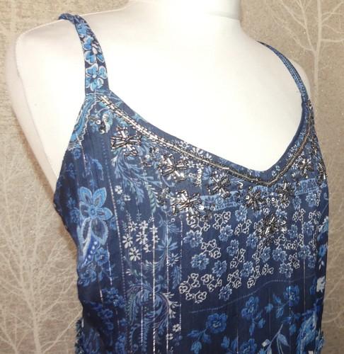 VESTIDO DE VERANO PER UNA AZUL MARINO FLORAL A RAYAS METÁLICAS CON GRADAS DOBLADILLO AYMÉTRICO REINO UNIDO 20 - Imagen 5 de 8