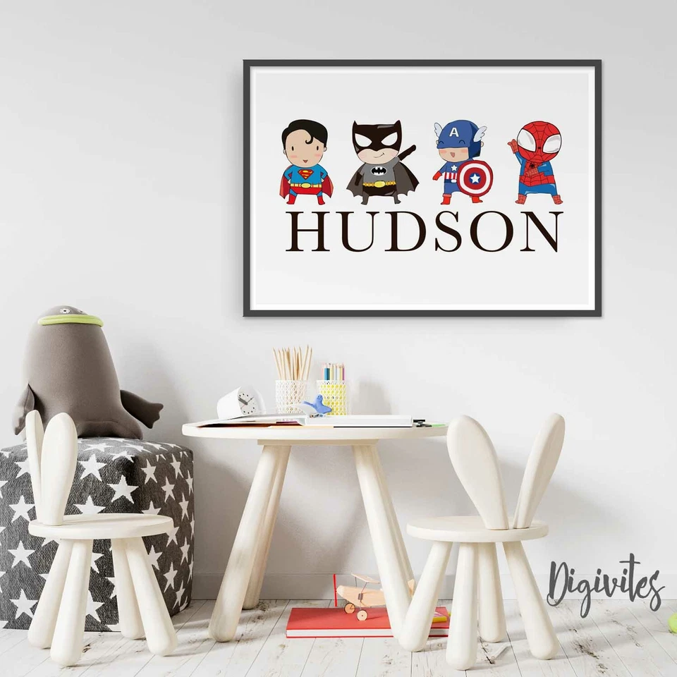 NURSERY BEDROOM CHILDREN'S WALL ART Batman superhero personalised name print