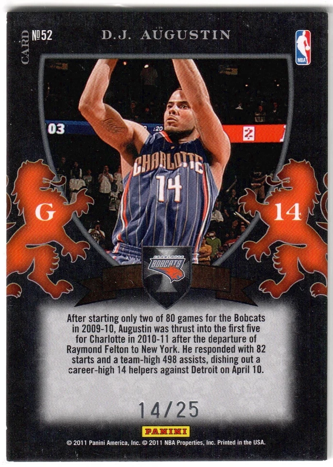 D.J. Augustin 2011 Panini Black Crusade 14/25 Jersey Number 1/1 - Image 2 of 2