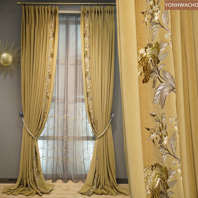 luxury yellow embroidered velvet thick cloth blackout curtain tulle