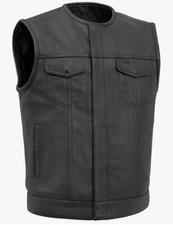 Men's Motorcycle Biker Riding Black Leather Vest Conceal Carry Pocket