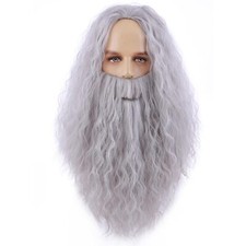 Mens Wigs and Beard Long Gray Wig for Men Long Gray Cosplay Halloween Costume...