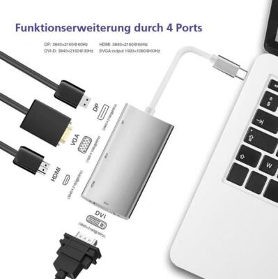 Helos USB 3.1 Type-C Dockingstation St./DP/HDMI/DVI/VGA Bu PREMIUM 4K silber
