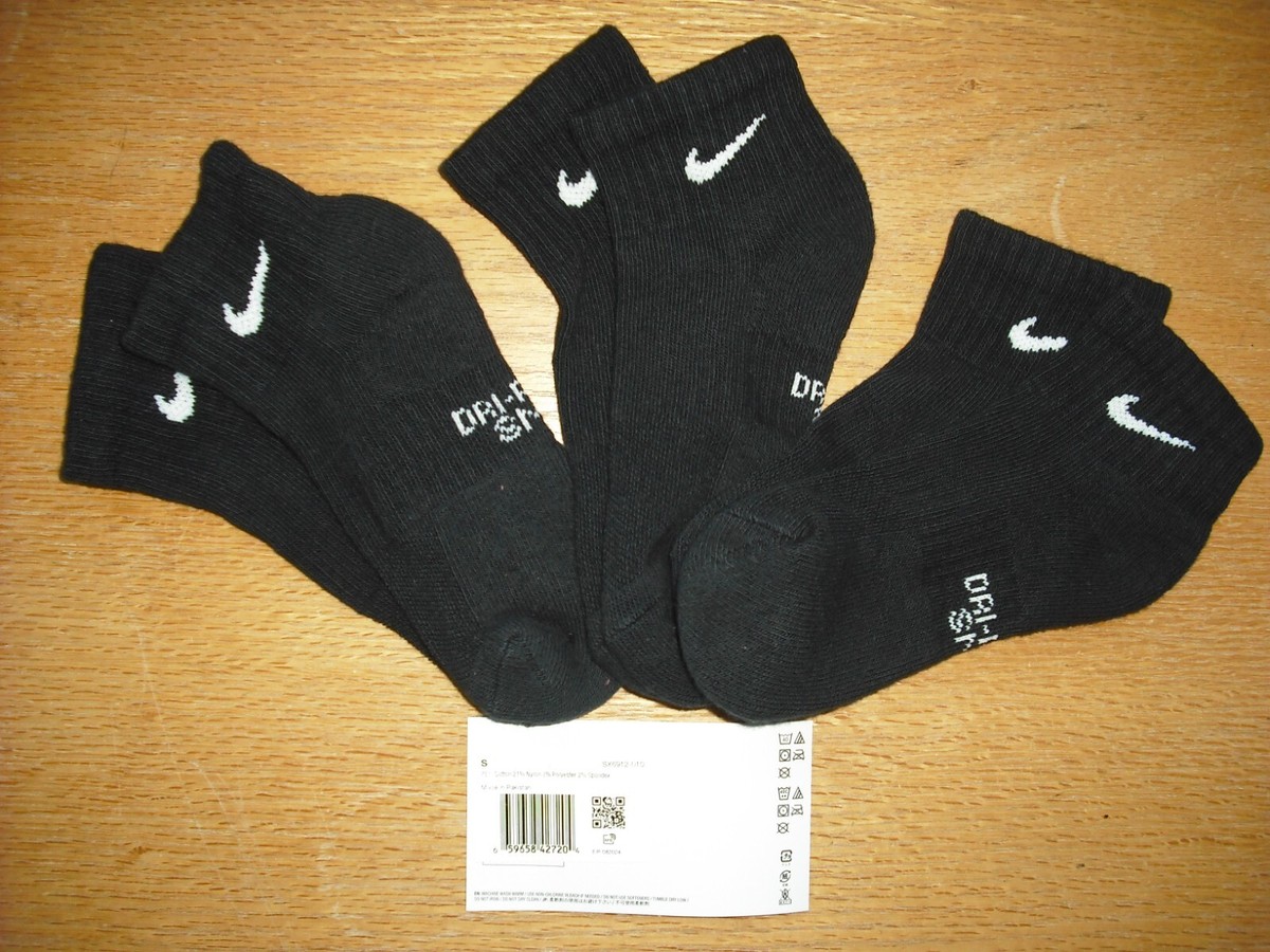 Boys/Girls NWT NIKE Ankle Socks 3prs DRI-FIT Classic Black w/White